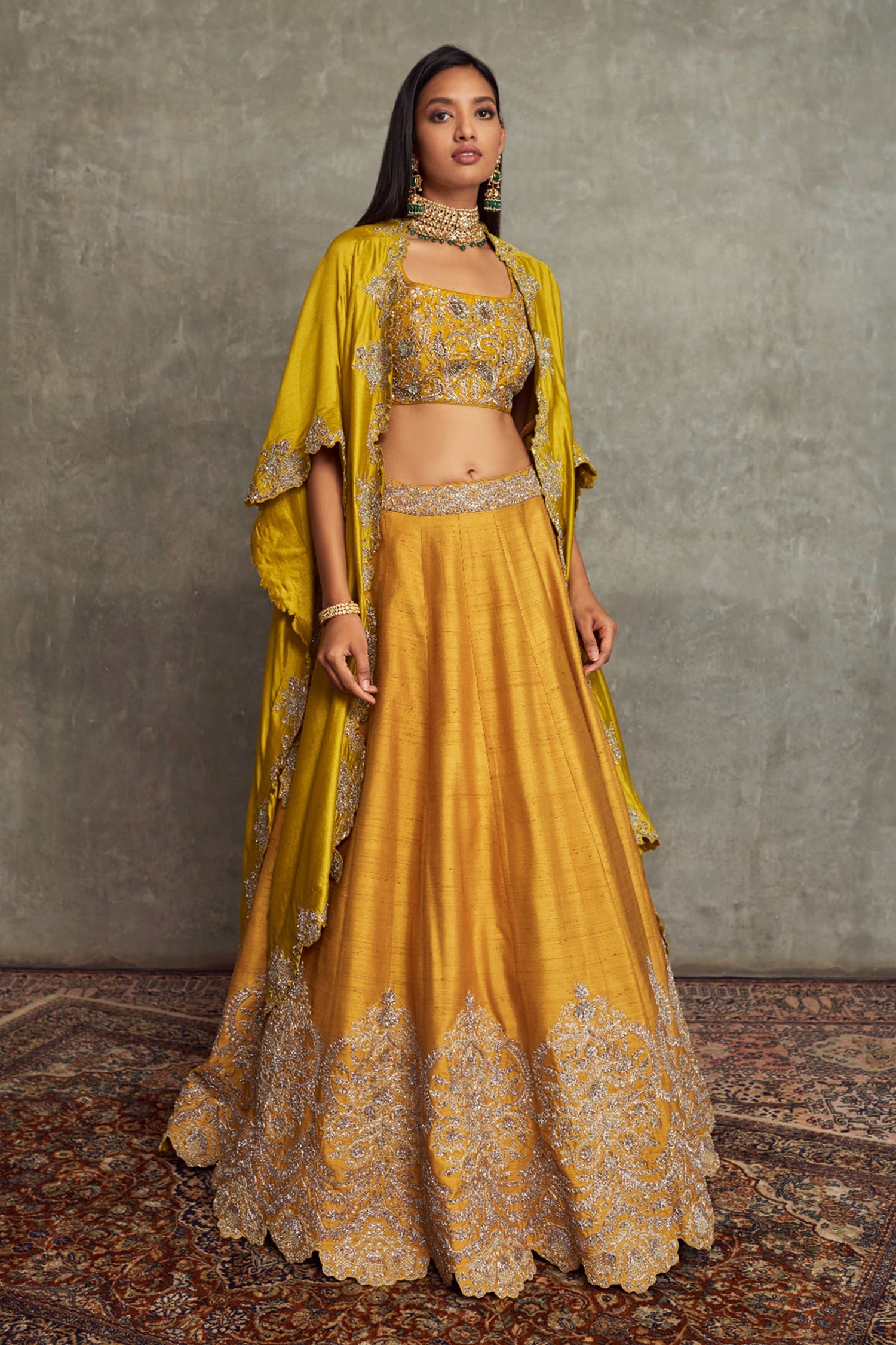 Buy Yellow Raw Silk Embroidered Floral Open Cape Lehenga Set For Women