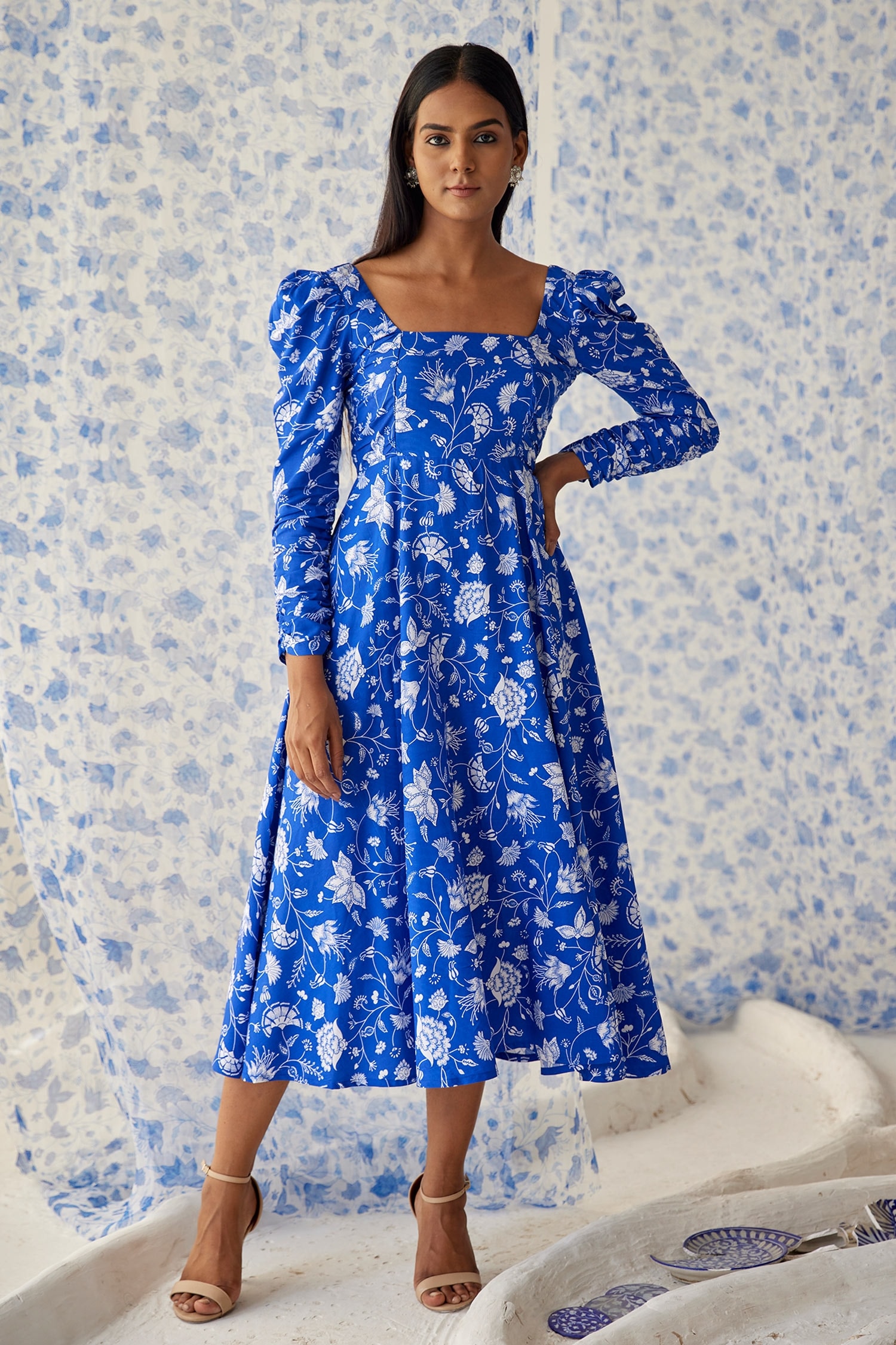 Buy Baise Gaba Blue Cotton Modal Kaamil Floral Print Dress Online | Aza ...
