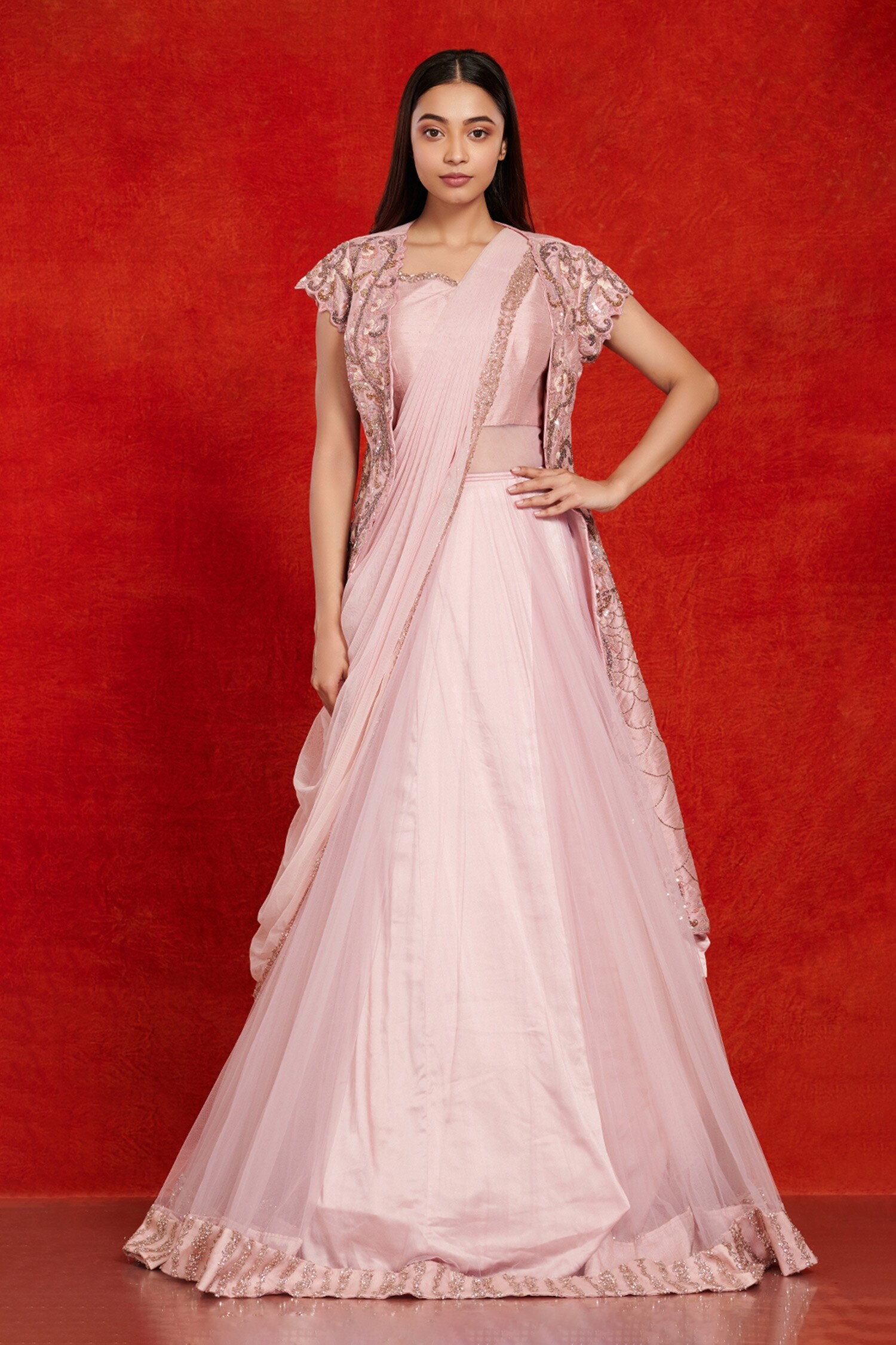 Buy Pink Net And Raw Silk Embroidery Thread Draped Gown With Jacket For