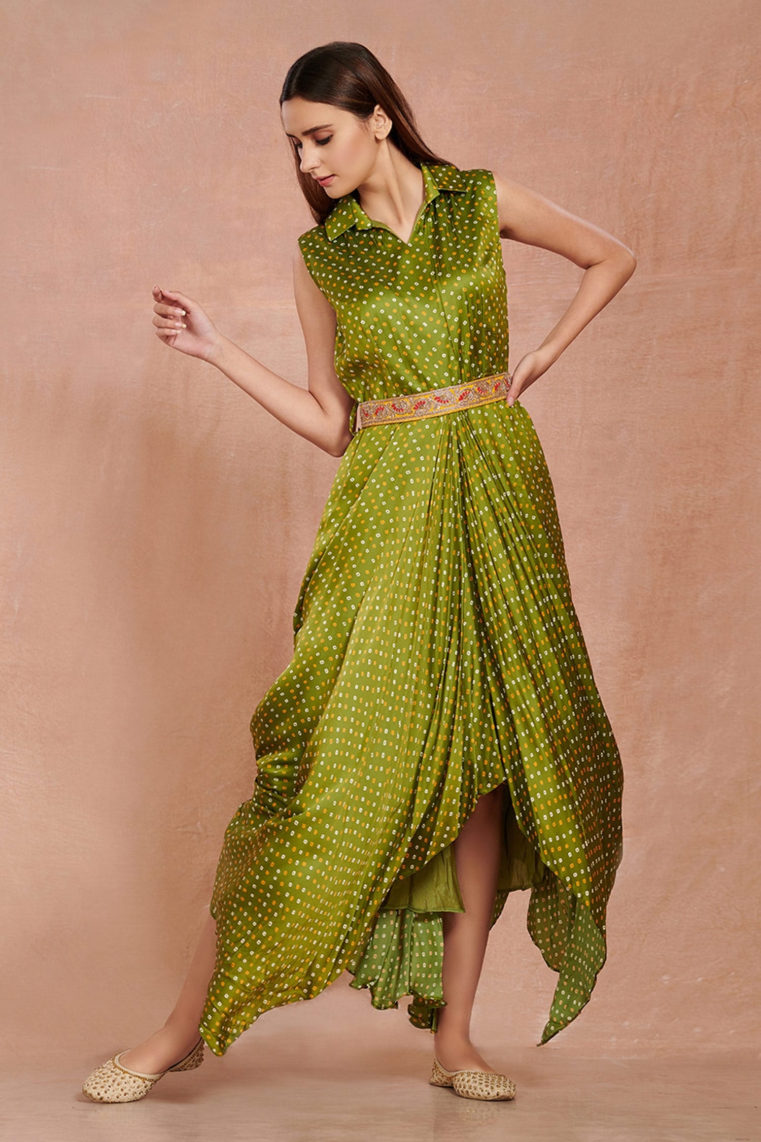 Buy Green Satin Printed And Embroidered Bandhani & Harem Jumpsuit For