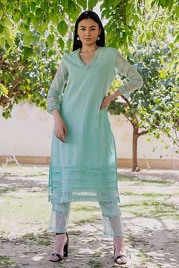 Green Chanderi Floral Printed Kurta with Pant Set