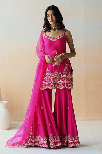 Off White & Fuchsia Pink Silk Kurta and Gharara Set
