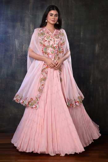 Baby Pink Cape Lehenga With Moti Sequin Cut Dana Work main image 1