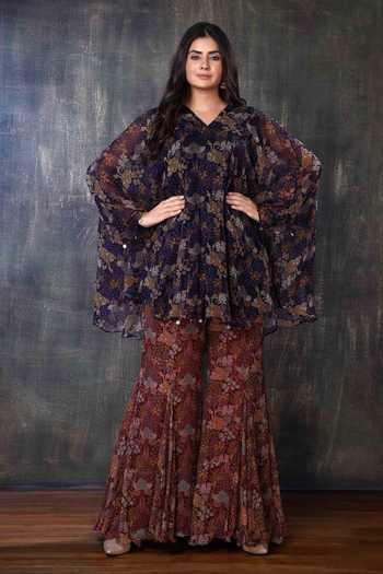 Girls Purple Floral Print Kurta & Sharara Set main image 1