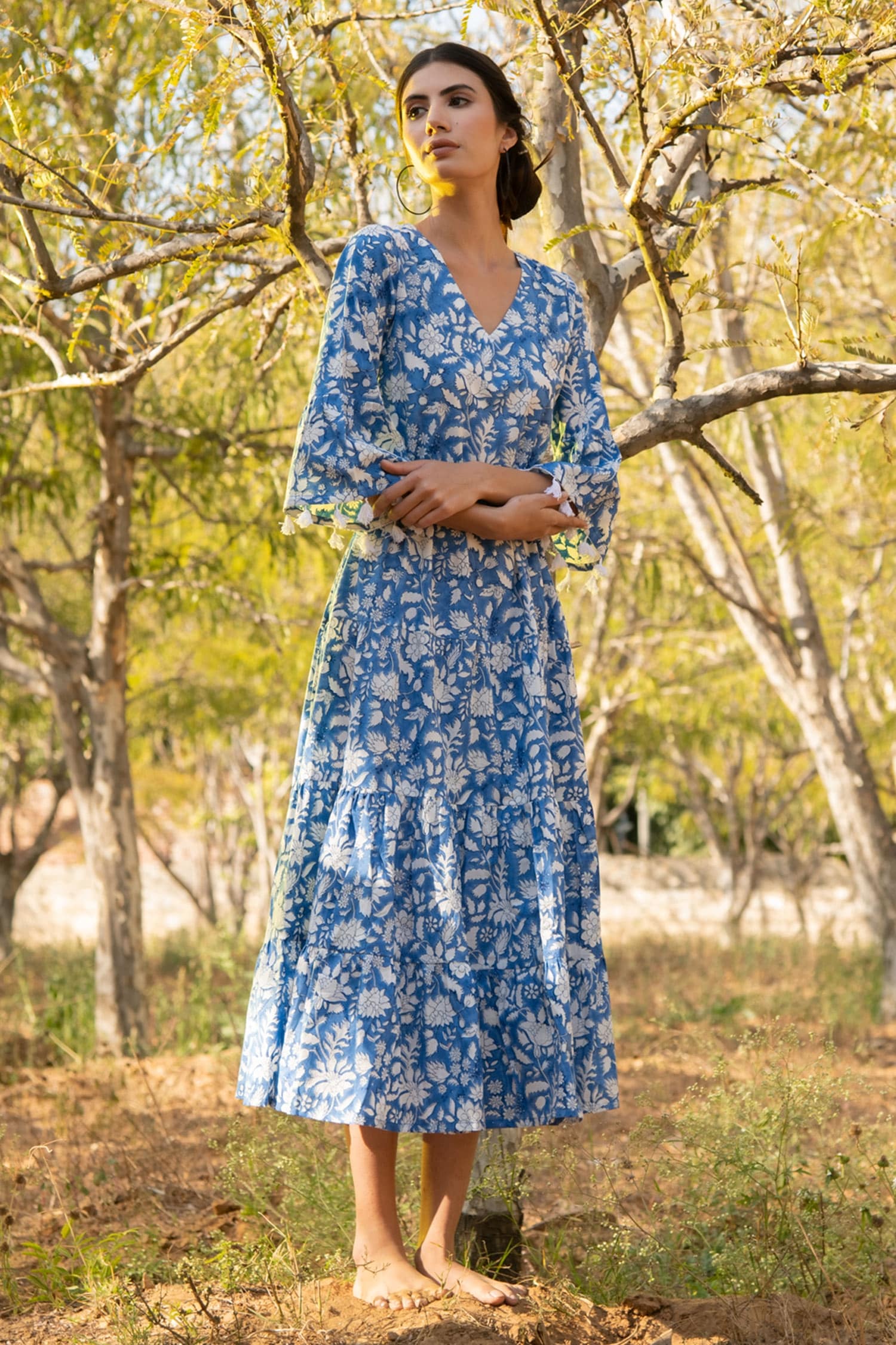 Marche Blue Cotton Printed Floral V Neck Dress For Women