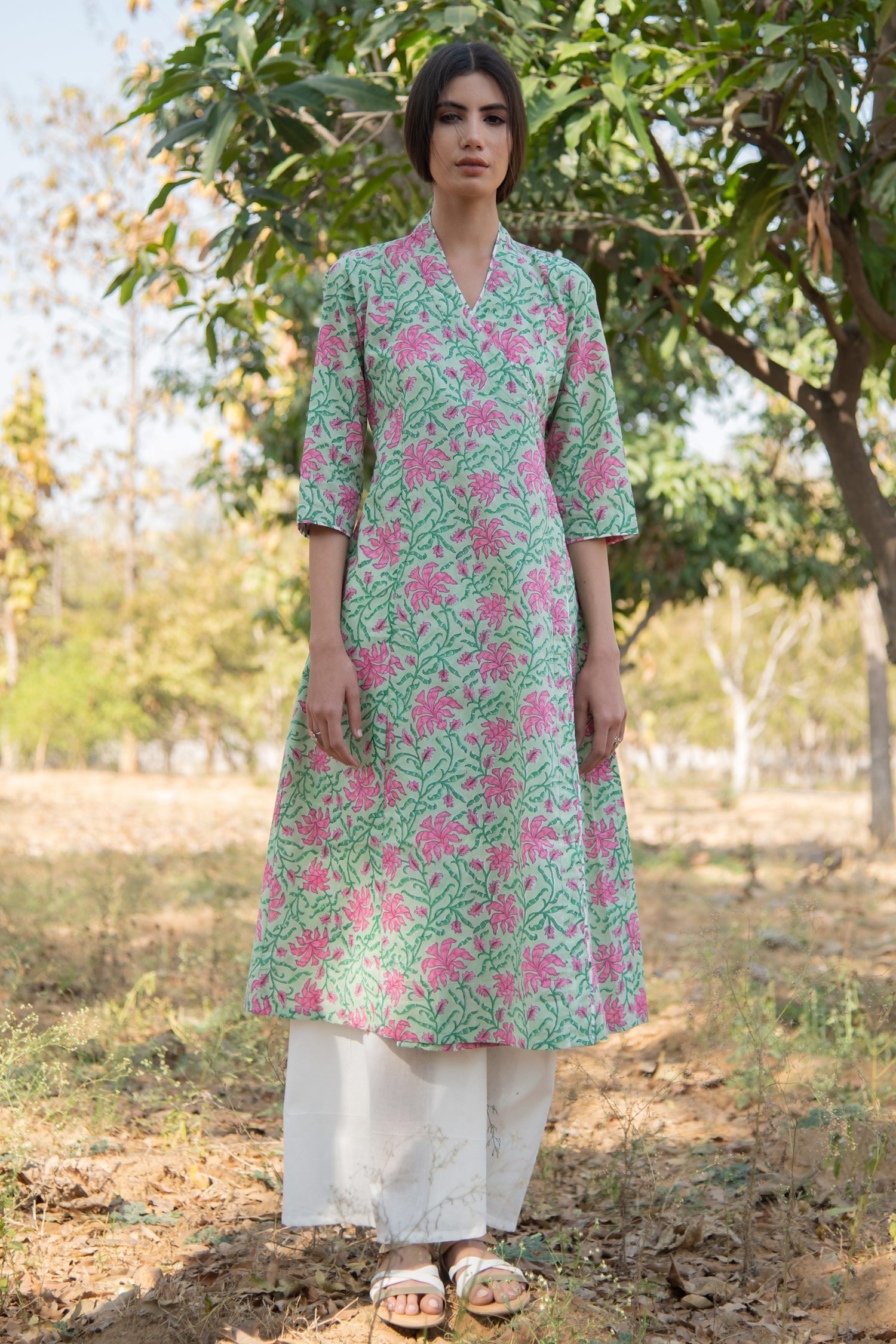 Buy Green Cotton Printed Floral Gardenia Angrakha Kurta And Palazzo Set ...