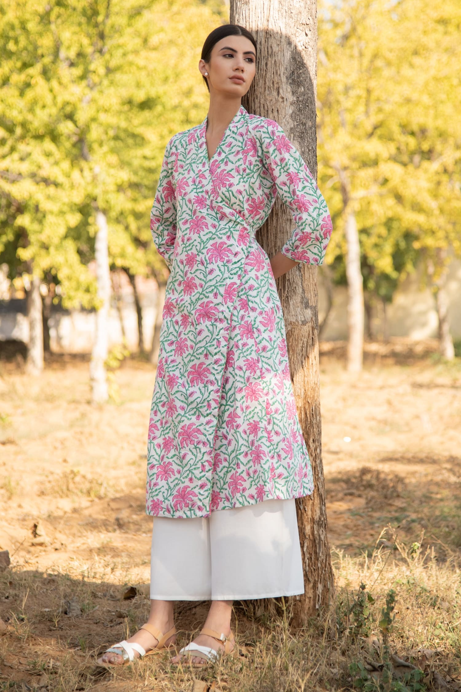 Buy White Cotton Printed Floral Gardenia Angrakha Kurta And Palazzo Set 