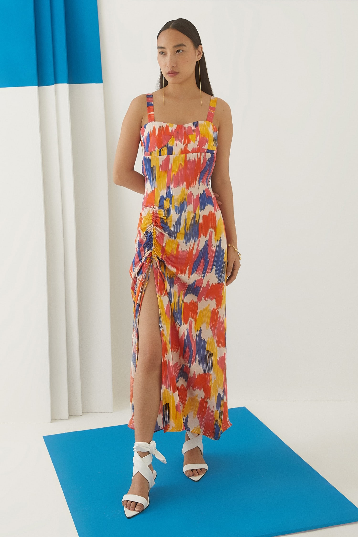 Buy Multi Color Vegan Silk Ikat Sweetheart Neck Strappy Dress For Women ...