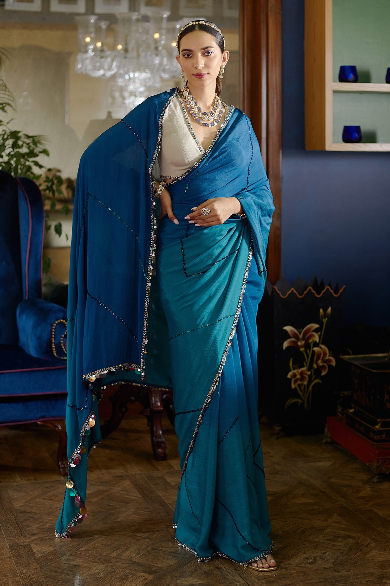 Buy Shasha Gaba Blue Chinnon Embroidered Saree With Blouse Online | Aza  Fashions