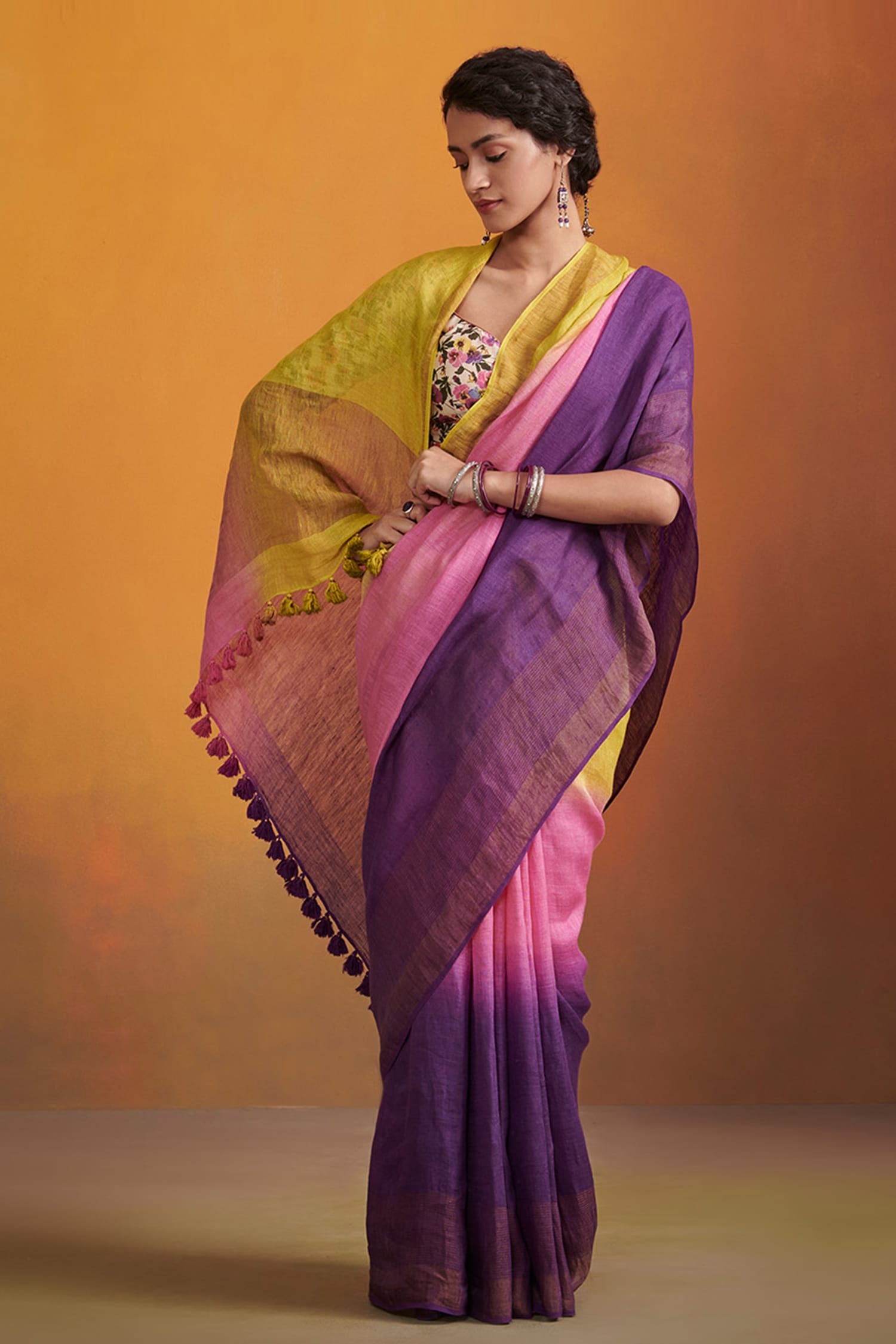 Dressfolk Multi Color 100% Handloom Linen Handwoven Zari Setarah Ombre Saree For Women
