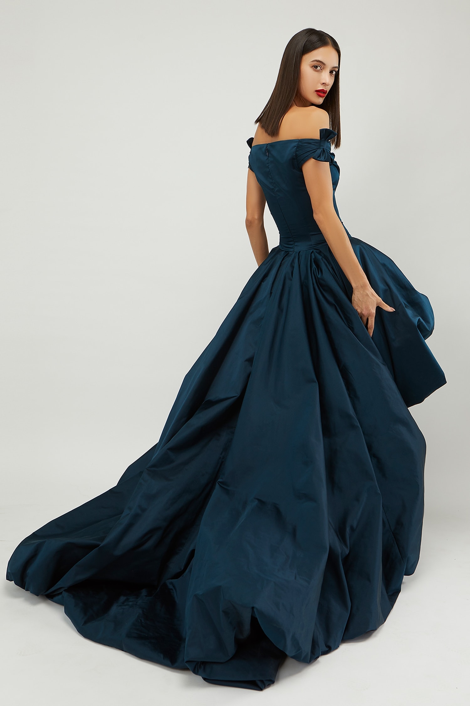 Buy Blue Duchess Satin Solid One Shoulder Off Balloon Dress For 