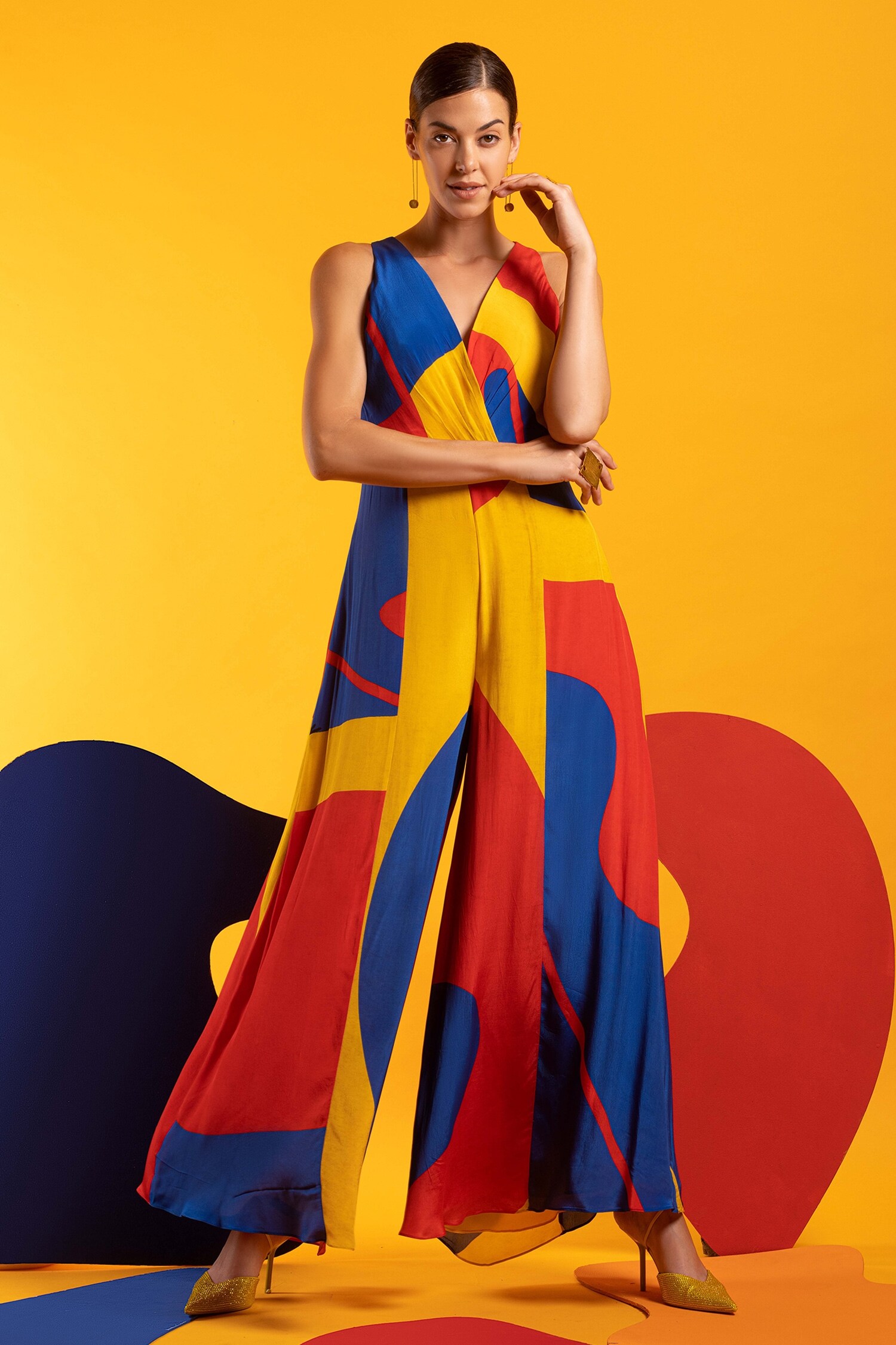 Buy Red Natural Crepe Printed Abstract Eyes On You Colourblock Jumpsuit