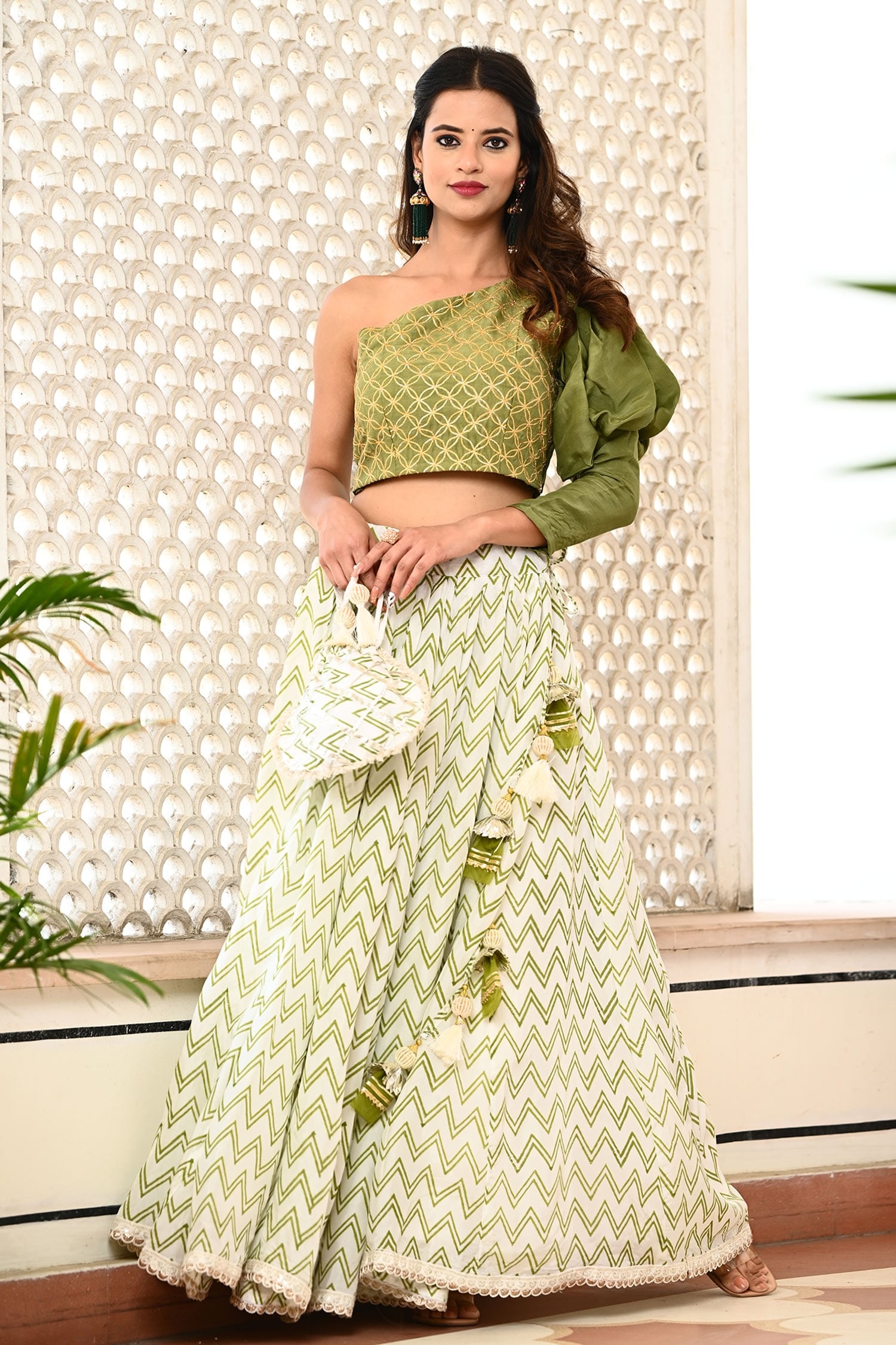 Buy Ivory Silk Embroidery Chevron Asymmetric Print Lehenga With Blouse For Women by Yuvrani