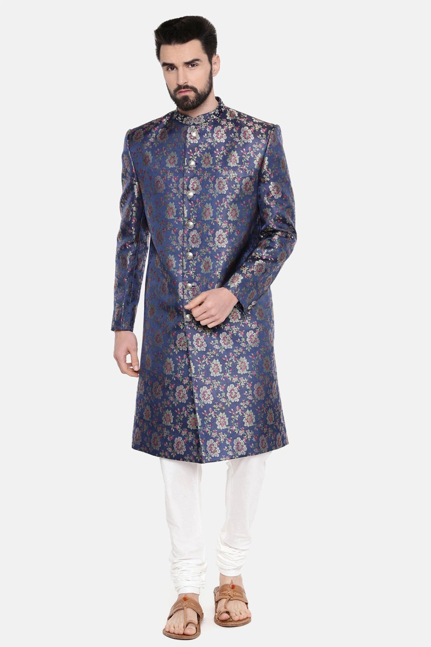 Buy Blue Banarasi Silk Brocade Woven Floral Motifs Sherwani With ...