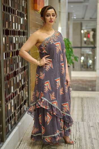 Buy Grey Georgette Printed Geometric Motif One Daphne Draped Gown For ...