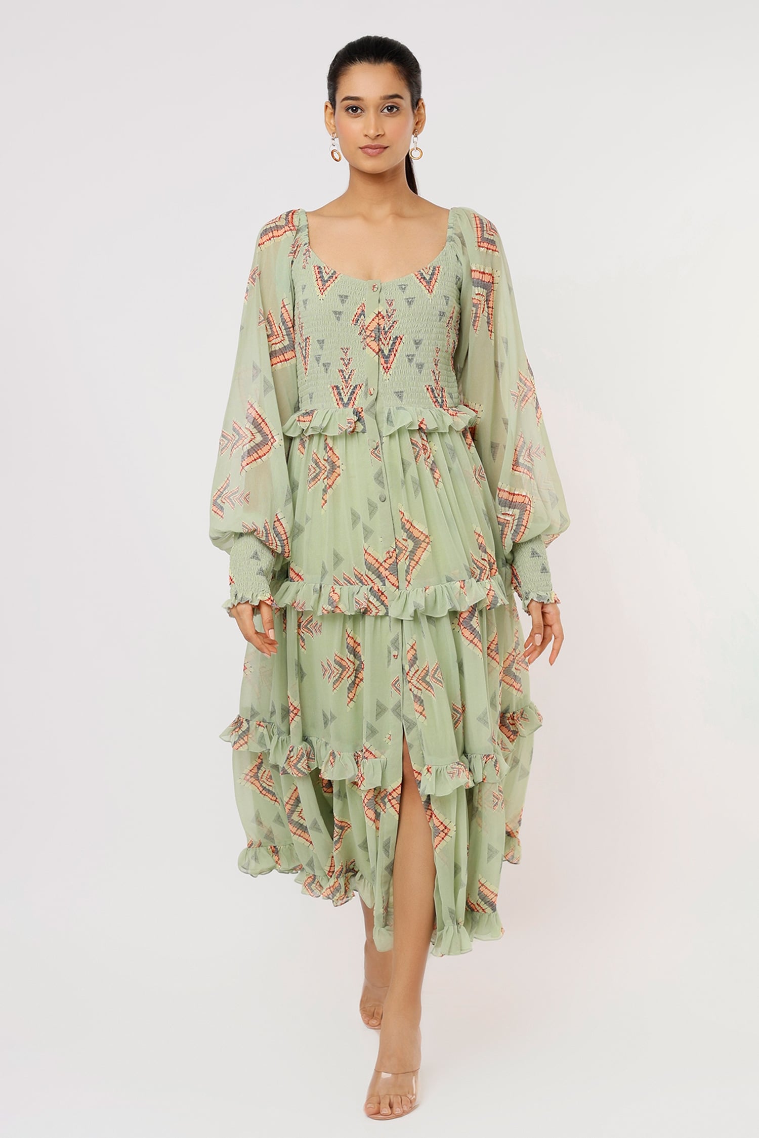 Buy Gopi Vaid Green Georgette Talia Tiered Dress Online | Aza Fashions