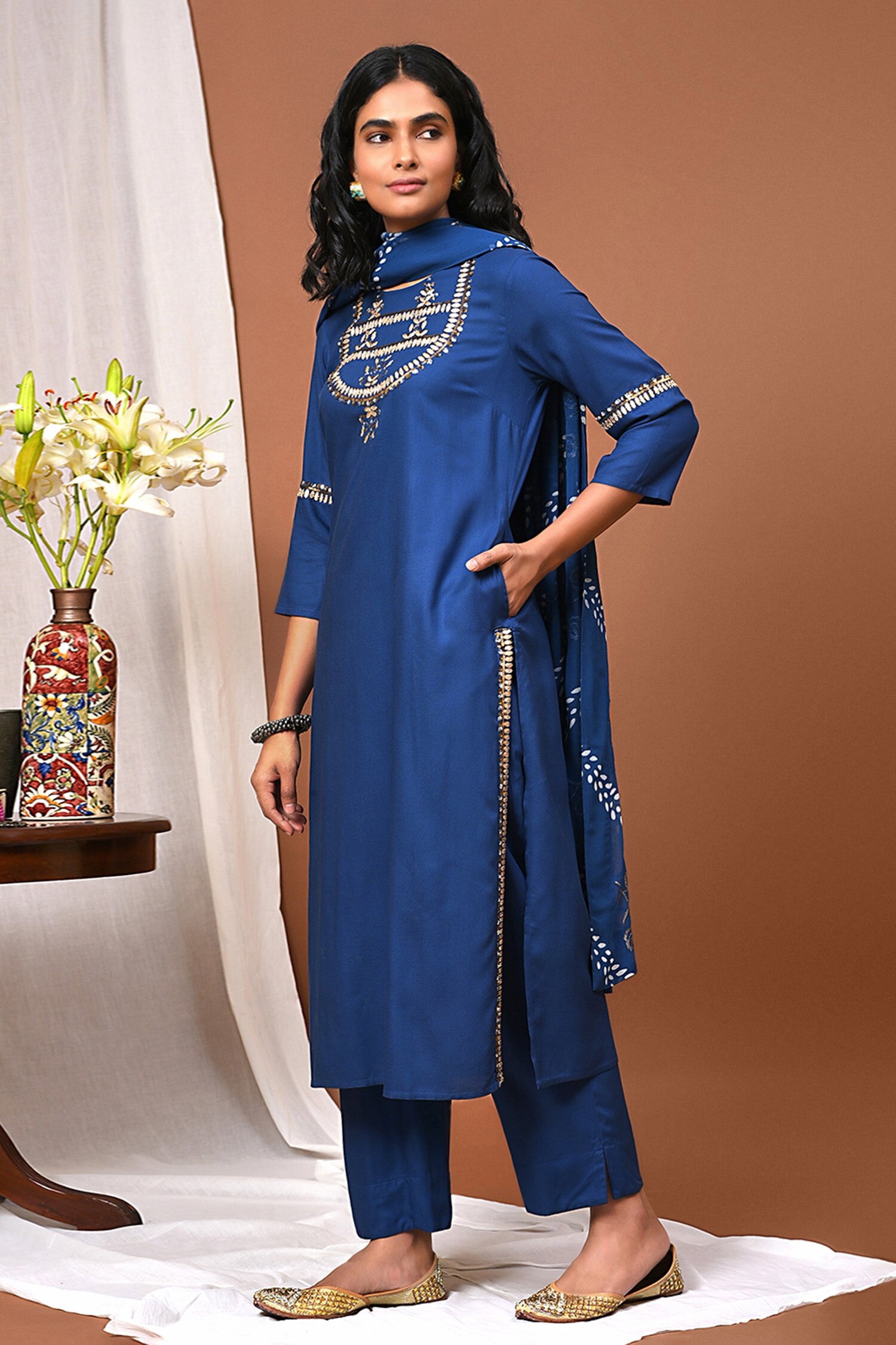 Buy Blue Rayon Embroidery Floral Round Kurta Set For Women by NUHH ...