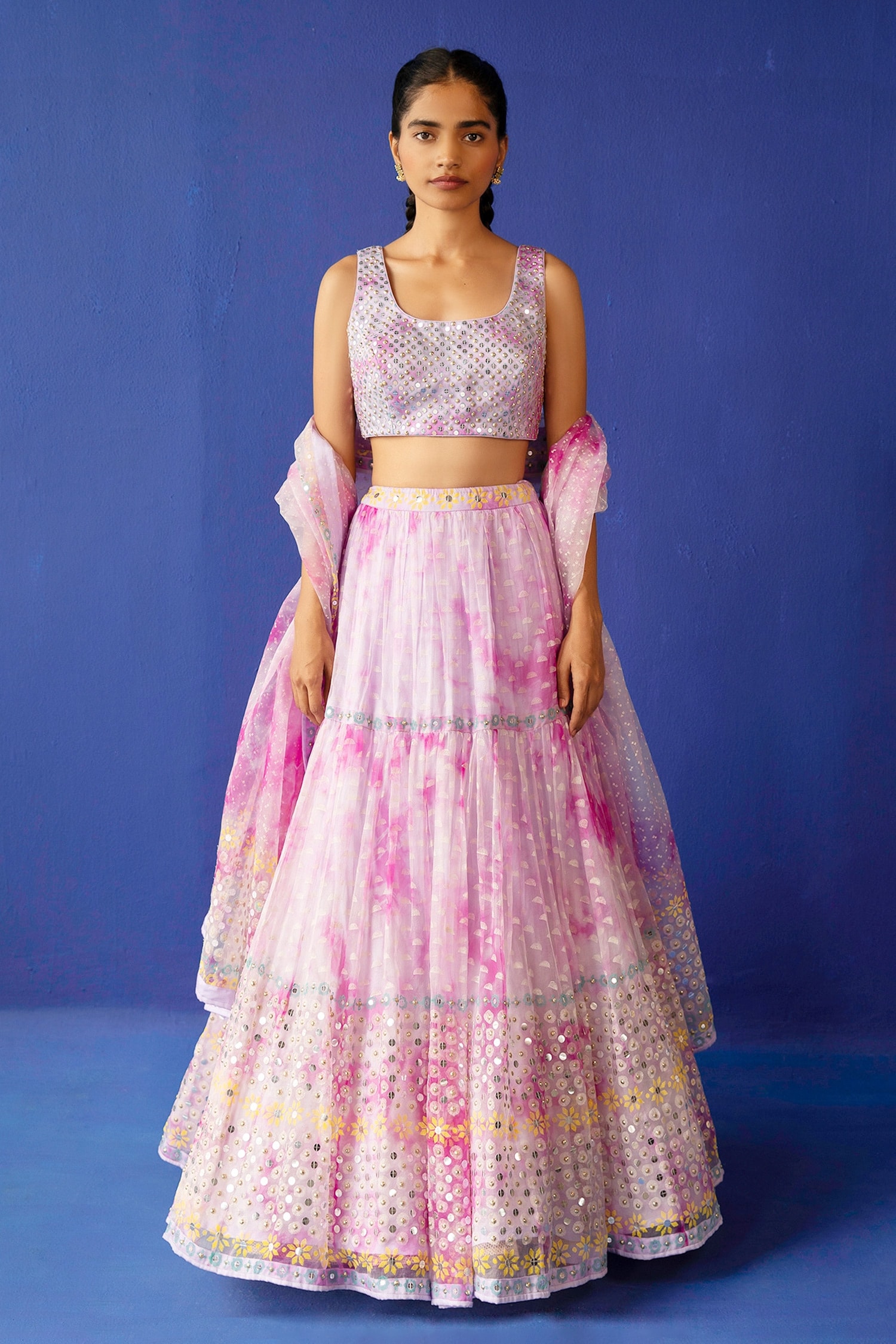 Buy Fuchsia Organza Printed Geometric Round Rheya Lehenga Set For Women