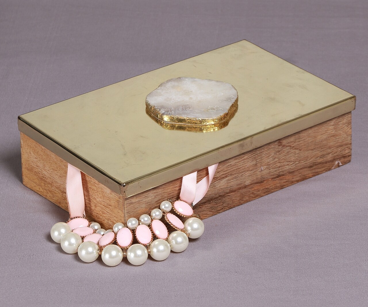MANOR HOUSE Gold Wood Decorative Box With Agate Top