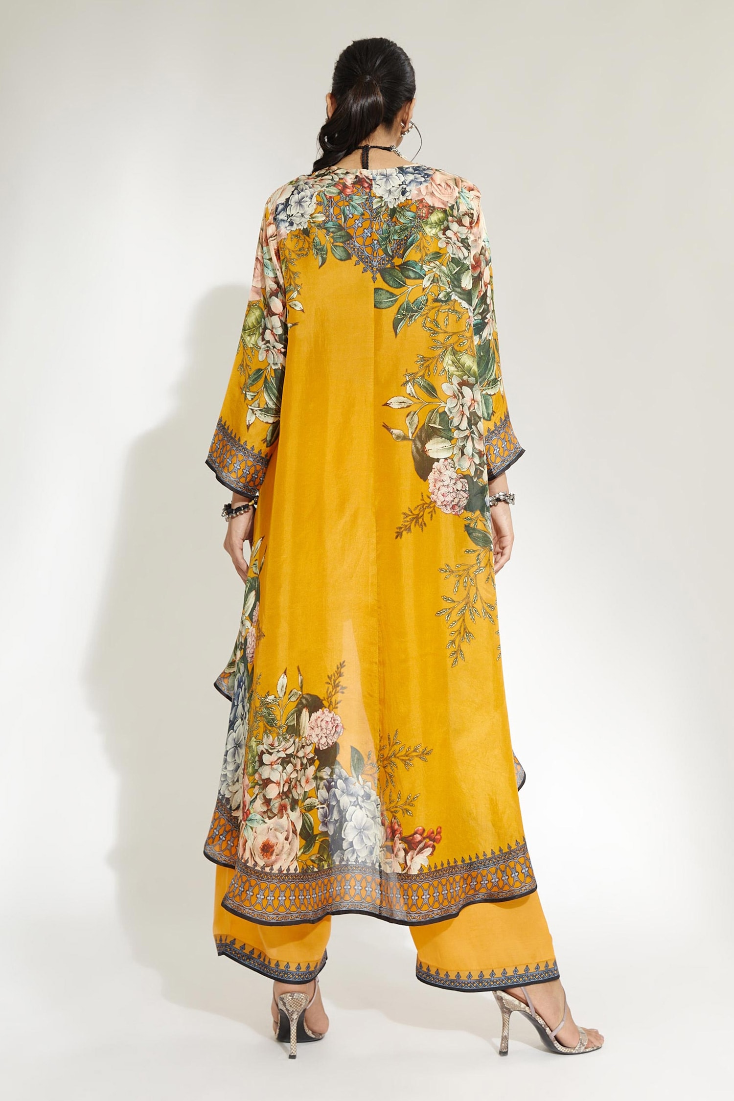 Rajdeep Ranawat - Yellow Silk Printed Floral V Neck Aarvi Asymmetric Tunic  For Women