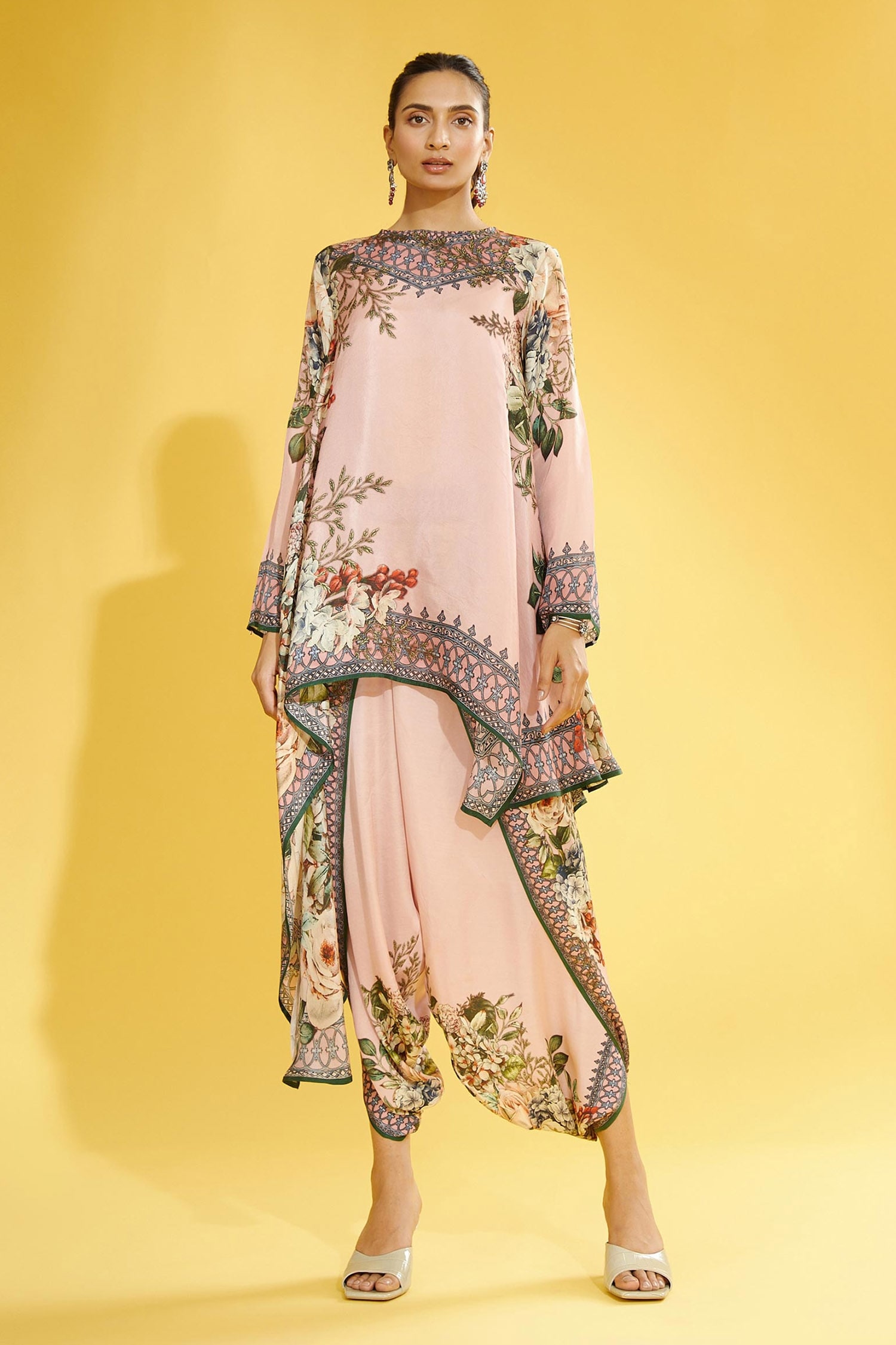 Rajdeep Ranawat Peach Silk Printed Floral Round Aafreen Asymmetric Tunic For Women