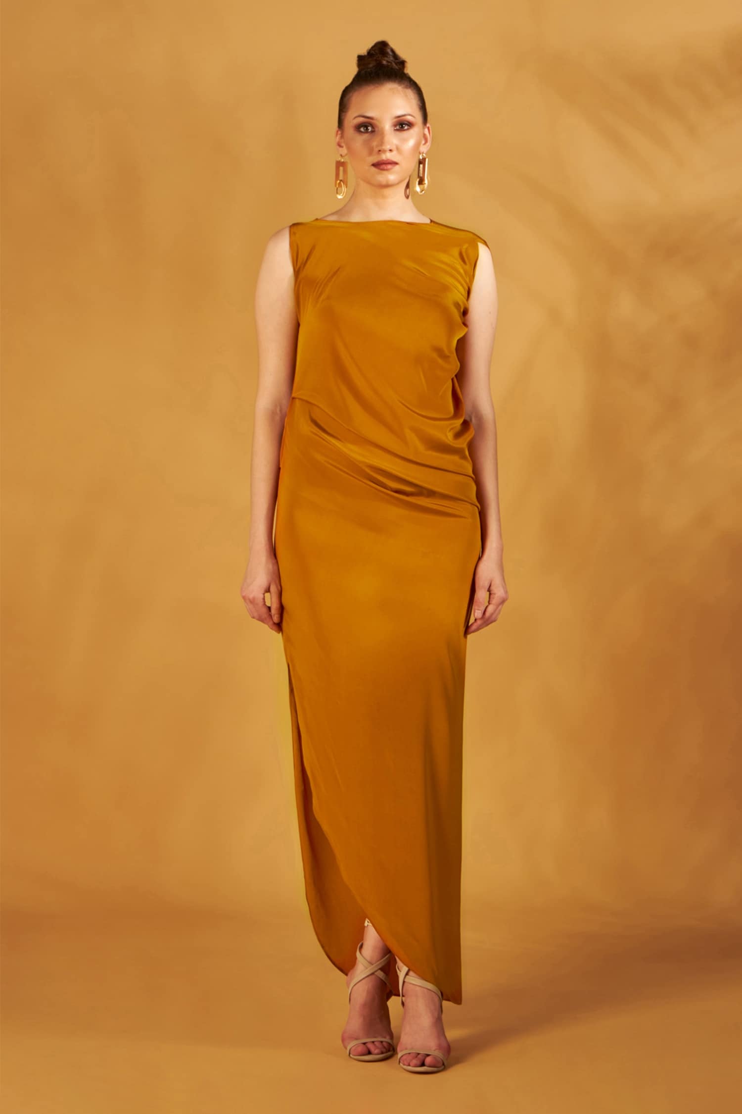 Buy Yellow Crepe Boat Neck Draped Gown For Women by NaKa Online at Aza
