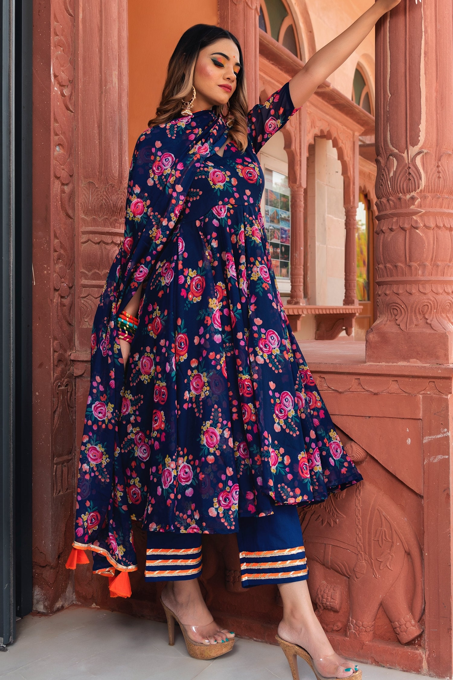 Ranak Jaipur Fast Color Printed Cotton Anarkali Kurta Palazzo Suit set With  Dupatta