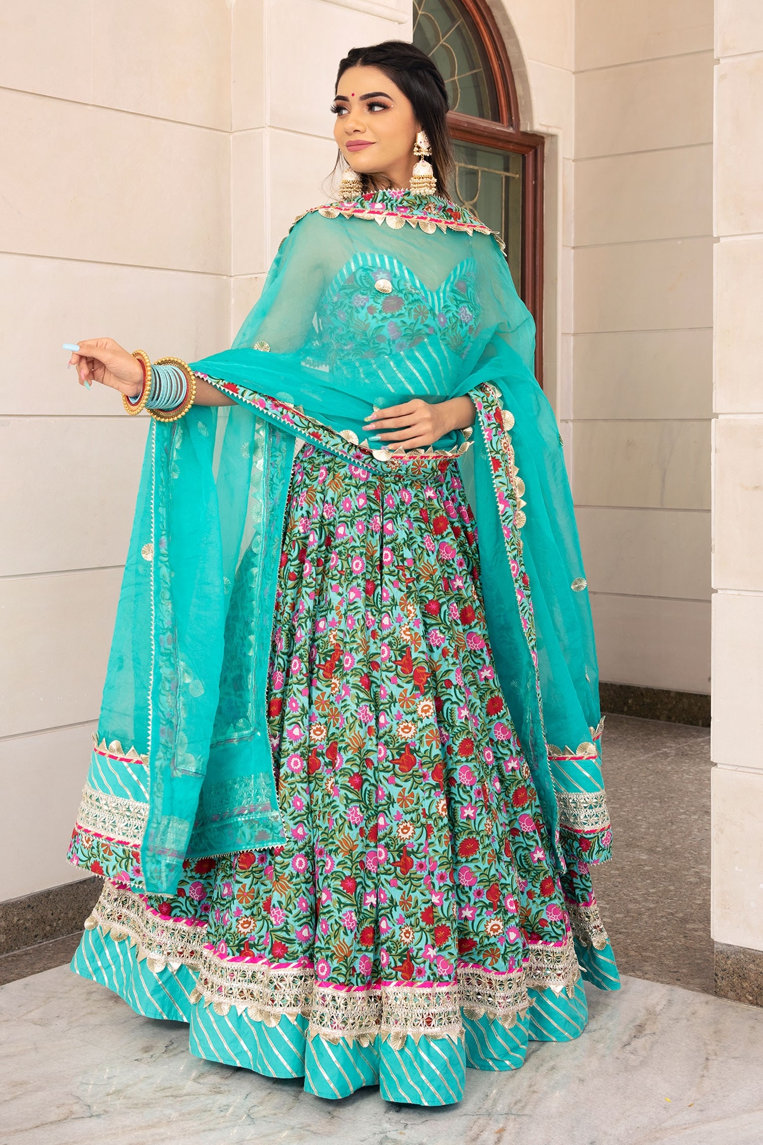 Buy Green Lehenga Printed Floral Sweetheart Neck Set For Women by