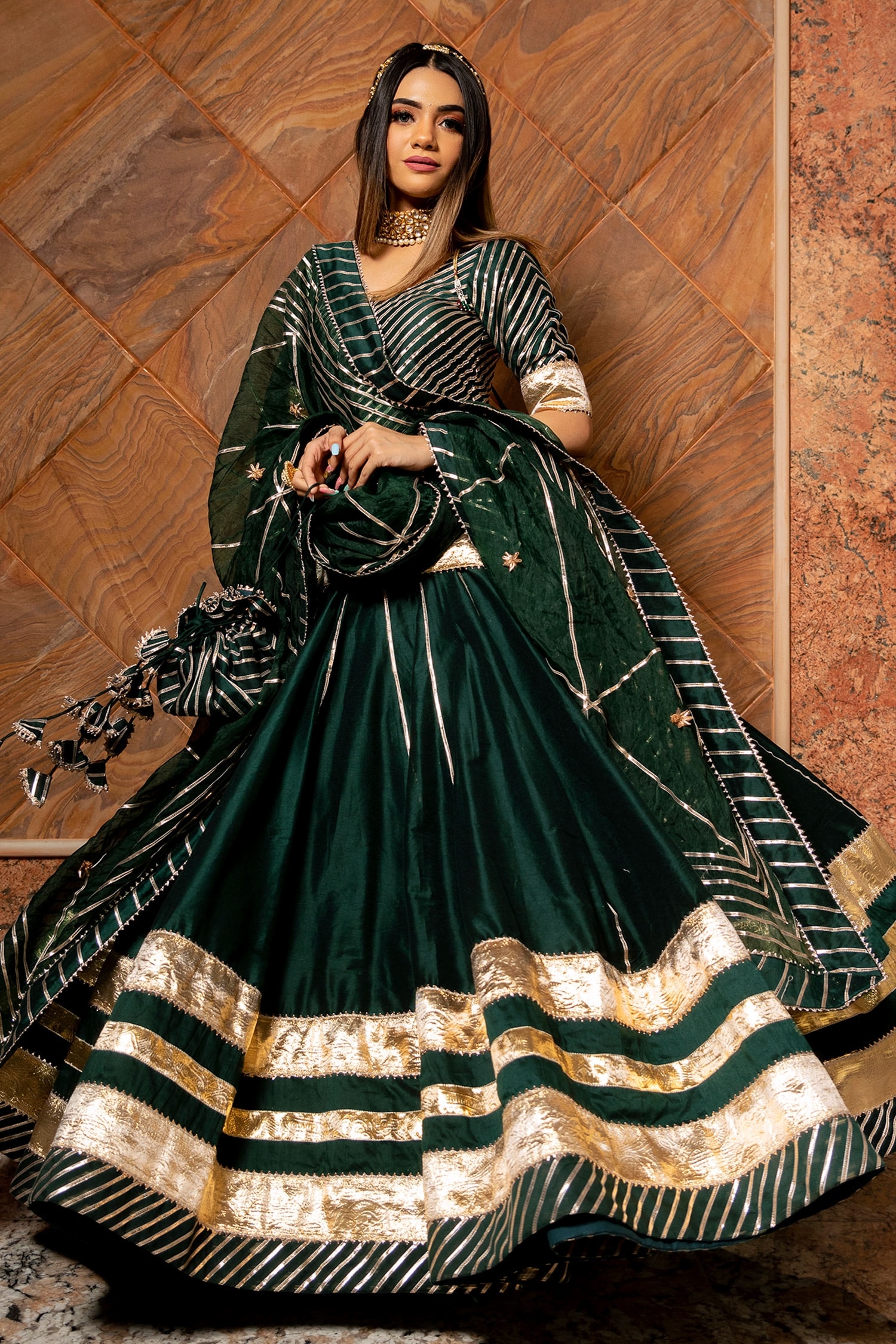 Buy Green Lehenga Embroidery Gota Round Cotton Silk Set For Women by ...