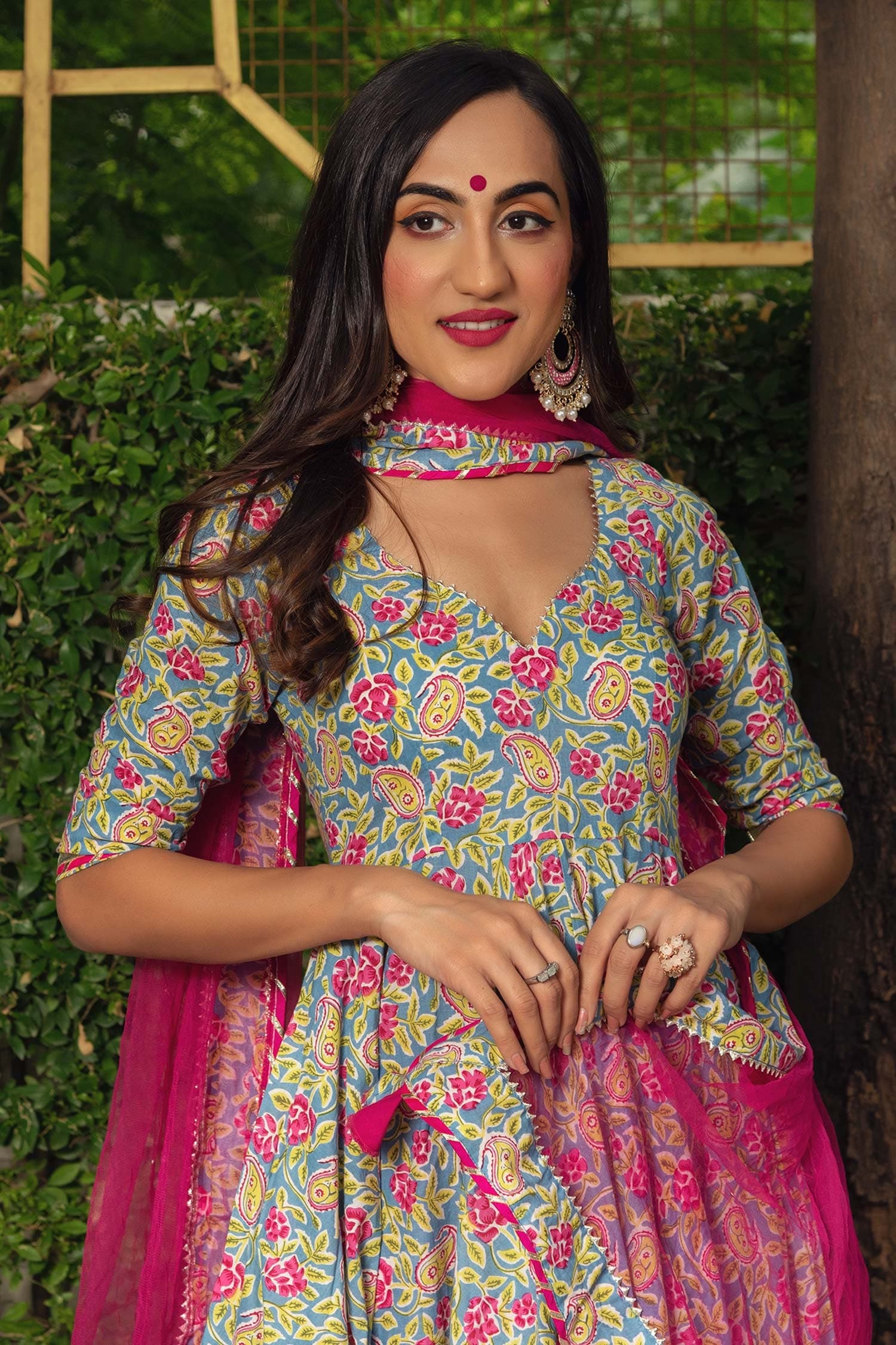 Buy Pink Cotton And Soft Net Print Hand Block Leaf Neck Anarkali Pant Set  For Women by POMCHA JAIPUR Online at Aza Fashions.