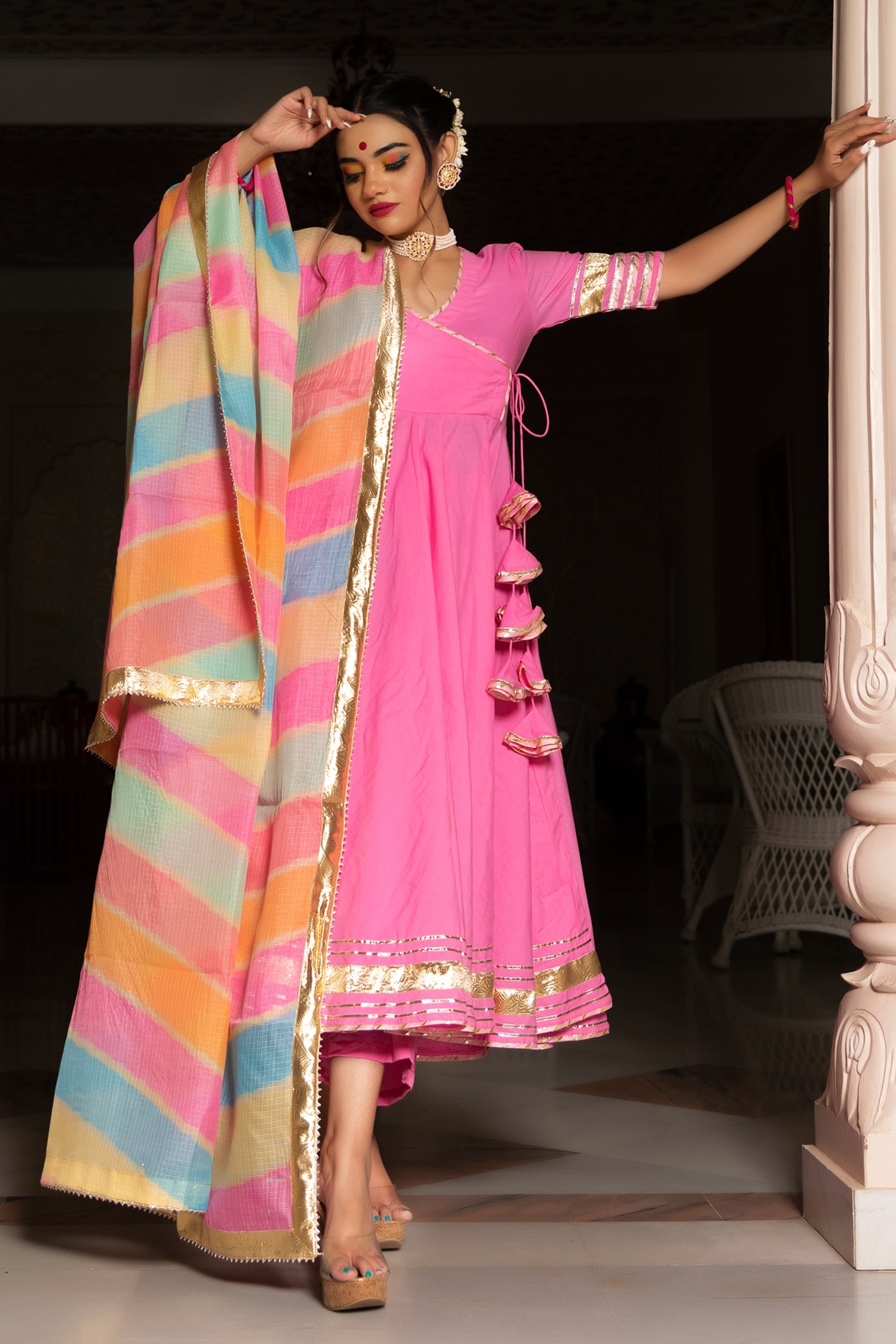 POMCHA JAIPUR Pink Cotton V Neck Angarkha Pant Set For Women