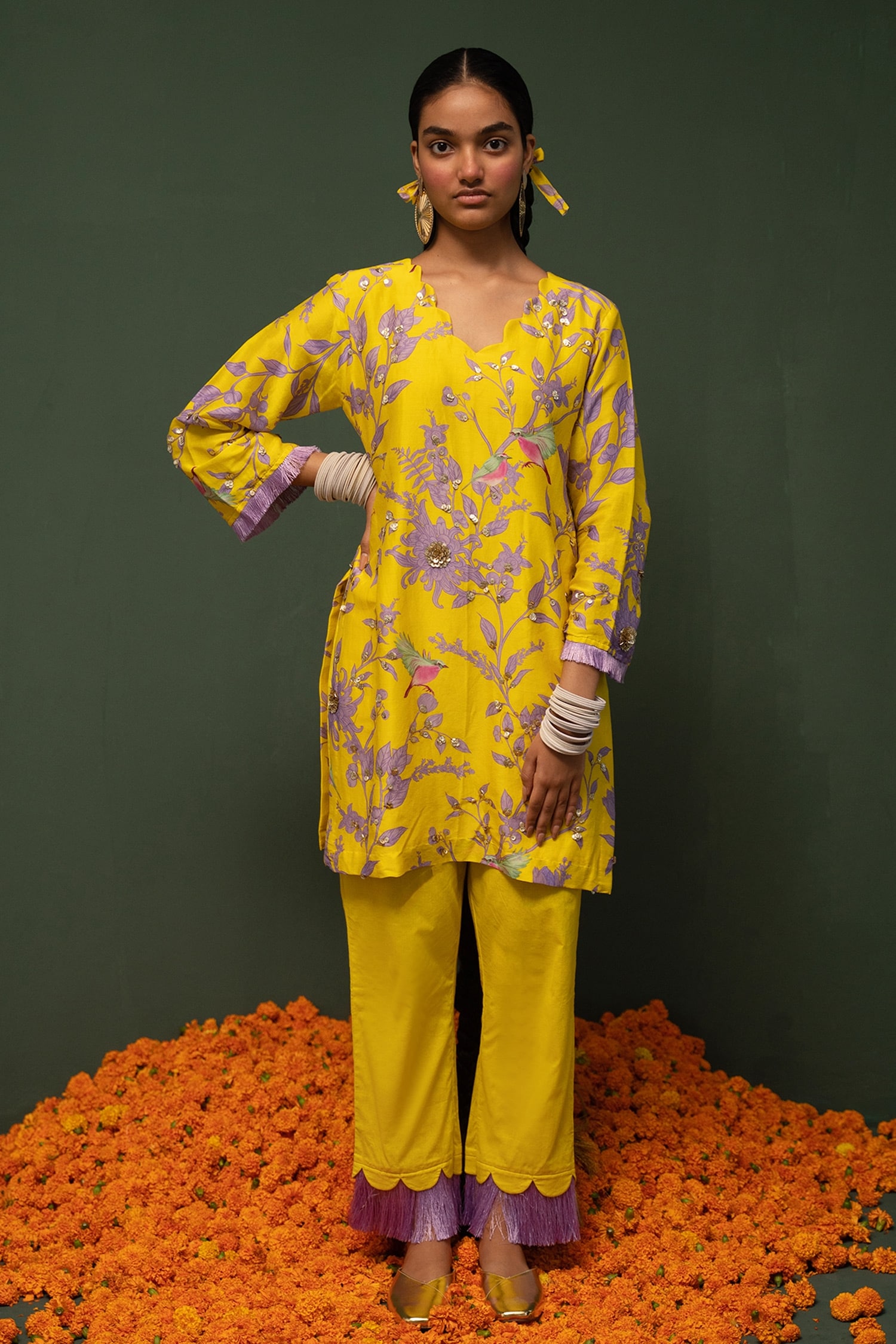 Buy Yellow Kurta: Chanderi Silk And Pant: Cotton Print & Embroidery ...