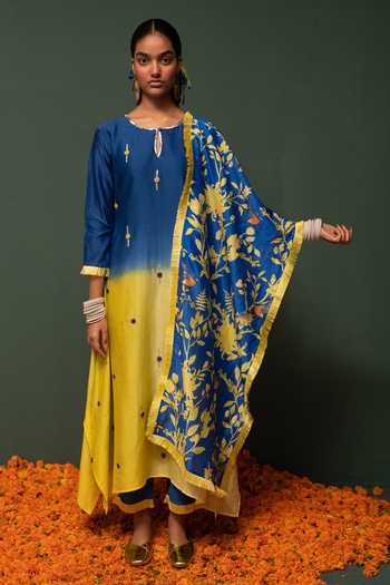 Chanderi Silk Kurta Pant Set With Dupatta Block Print main image 1