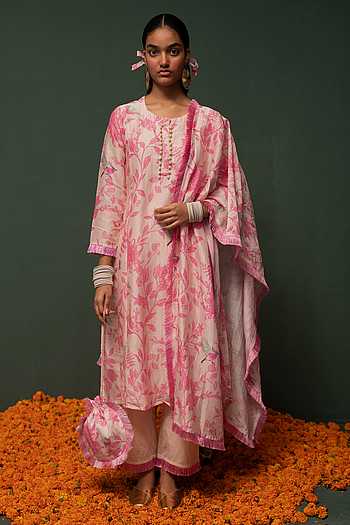 Off white cotton chanderi kurta dress set with all-over pink & green floral hand block print.