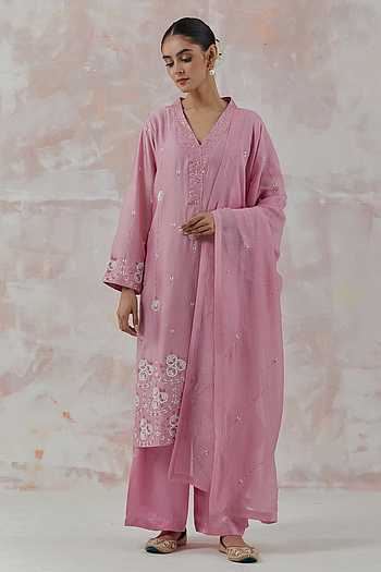 Women Pink Chanderi Silk Solid Straight Kurta Palazzos With Dupatta Set