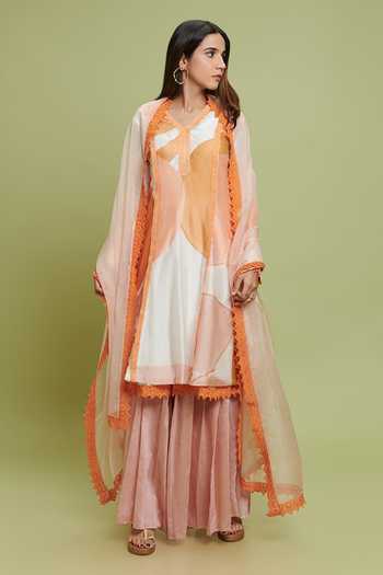 Women Cream-Coloured & Orange Printed Kurta With Palazzos main image 1