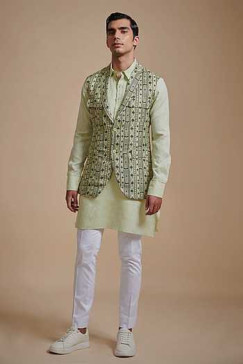 Buy Raghavendra Rathore Blue Green Linen Printed Bundi Online | Aza ...