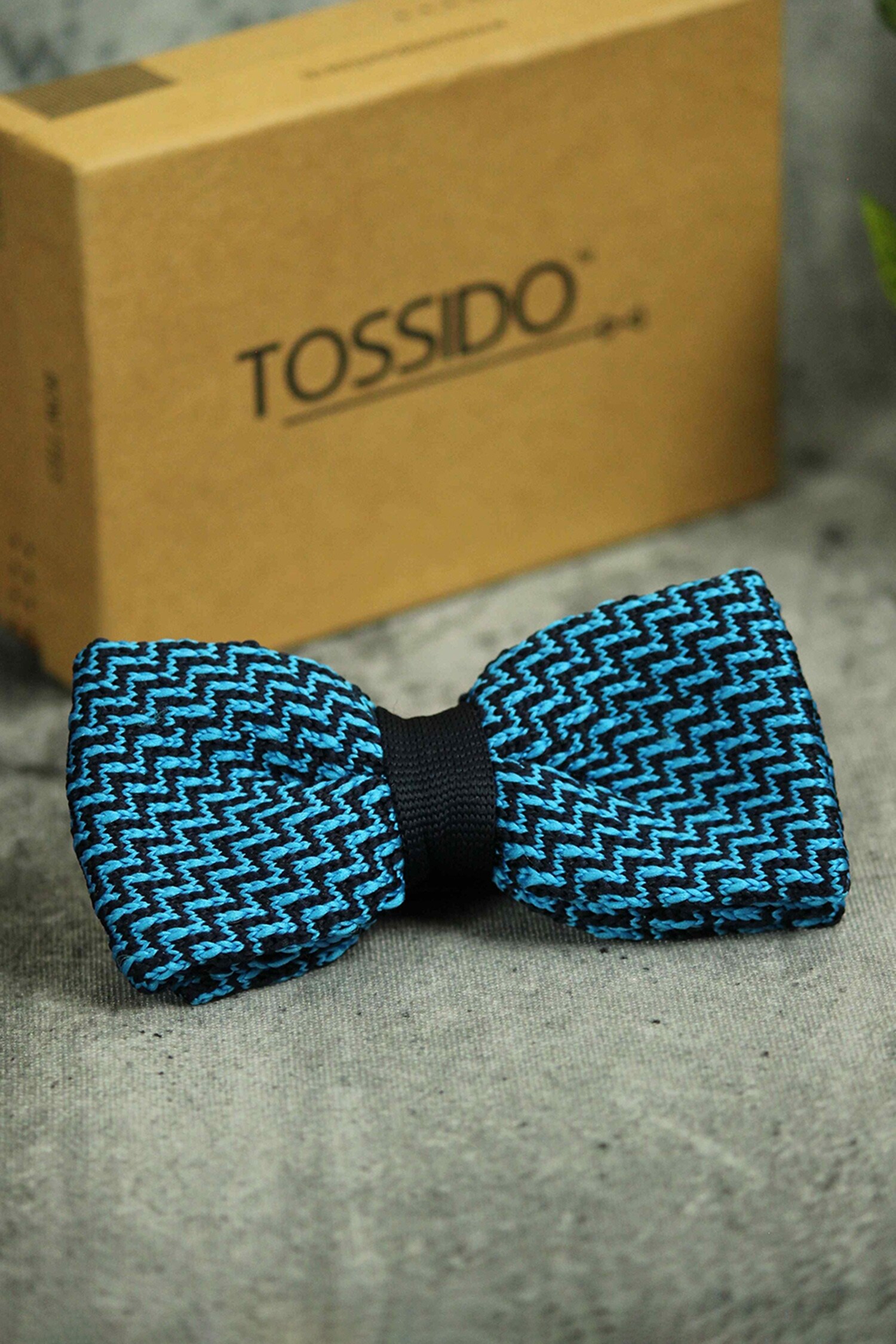 Tossido Blue Embroidered Zig Zag Pattern Bow Tie