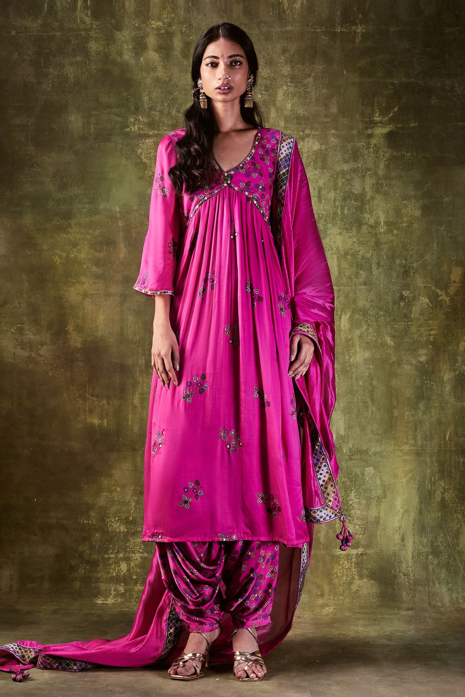 Buy Pink Satin Silk Printed Resham Work V Neck Anarkali Cowl Pant Set ...