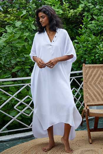 Grey - Ikat Weave Cotton Kaftan with Tie-Up Waist (Medium)