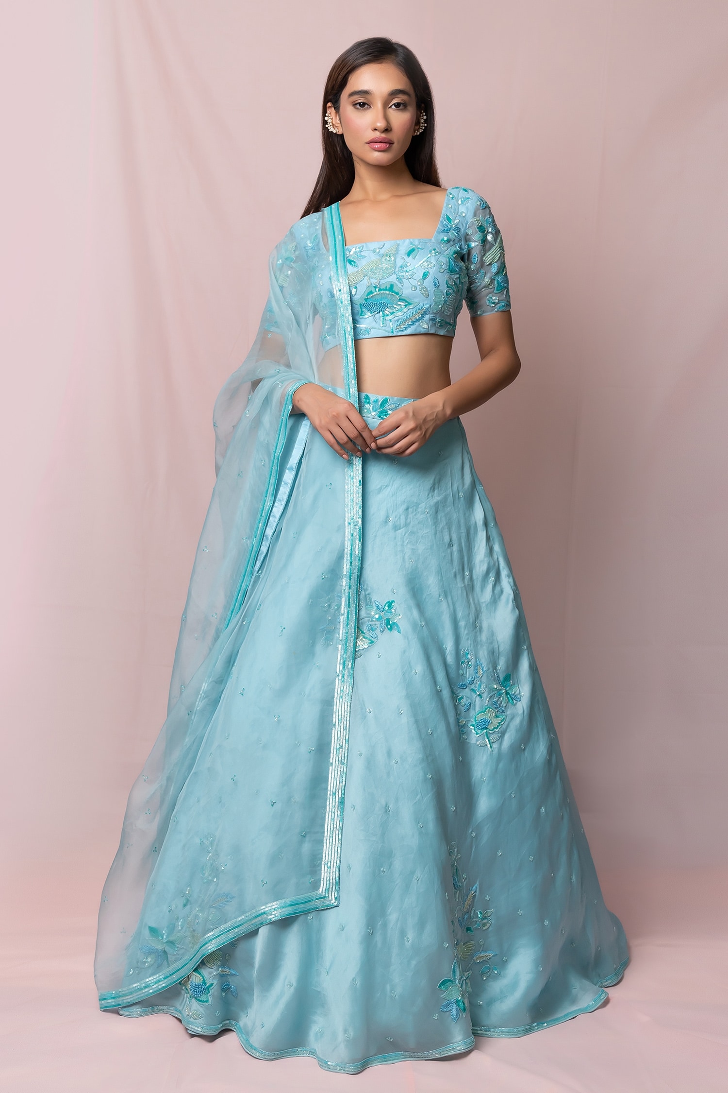 Buy Pinup By Astha Blue Satin Organza Sequin Embroidered Lehenga Set ...