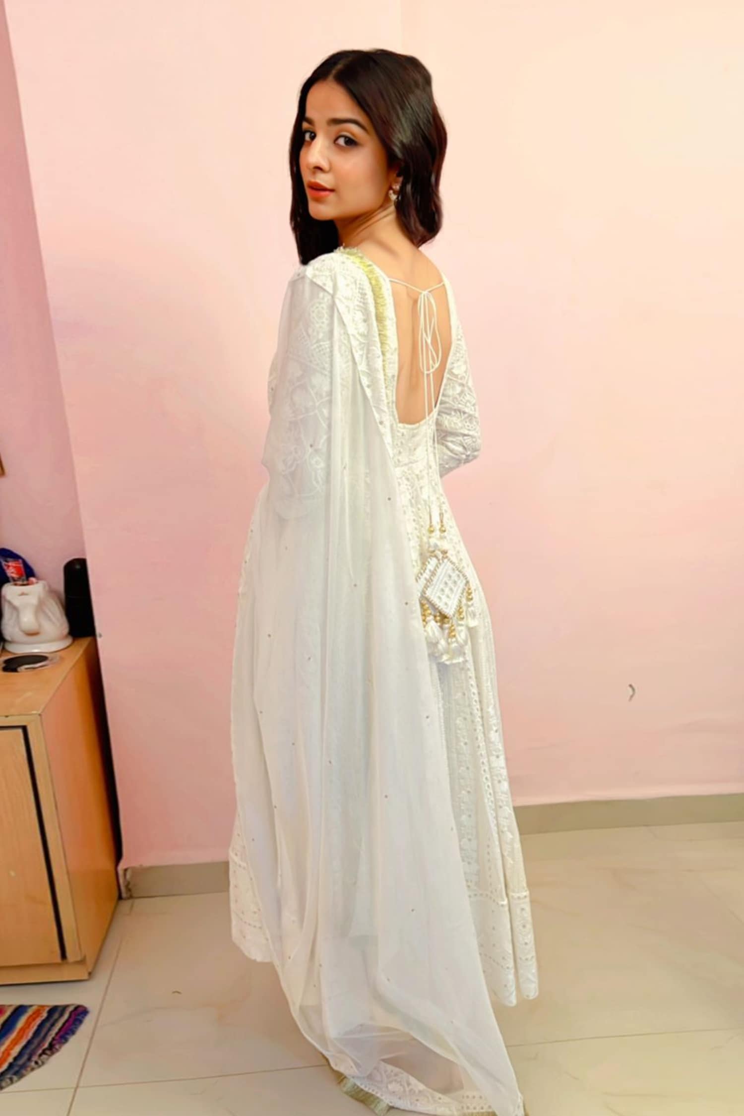 White chikankari outlet anarkali suit