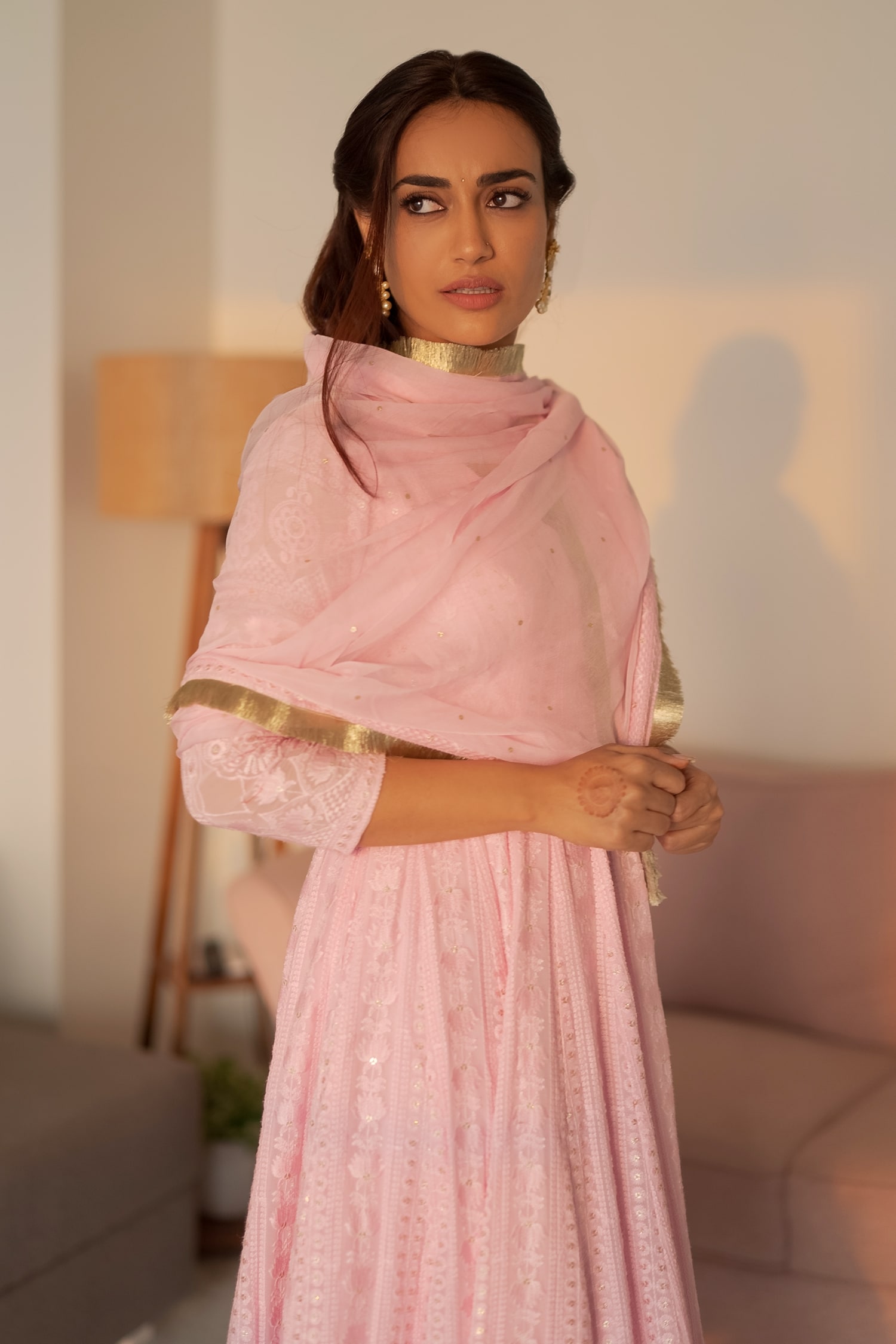 Ahi Clothing Pink Chikankari; Lining- Heavy Shantoon Anarkali Palazzo Set For Women
