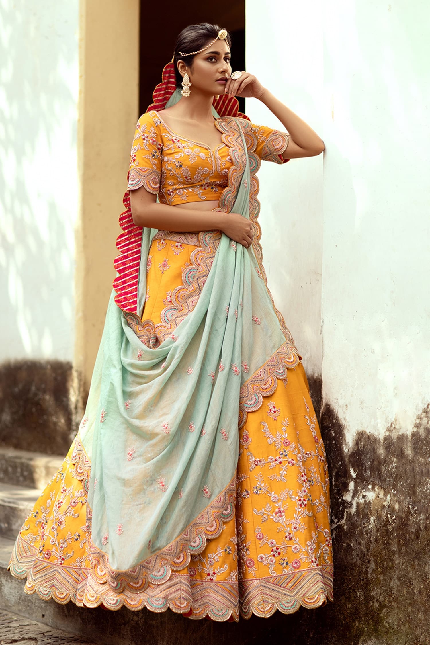 Kanchipuram Silk Tissue Brocade Sky Blue Lehenga With Tussar Fusion |  Kankatala