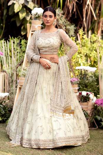 Green Resham Embroidered & Mirror Embellished Net Lehenga Set main image 1