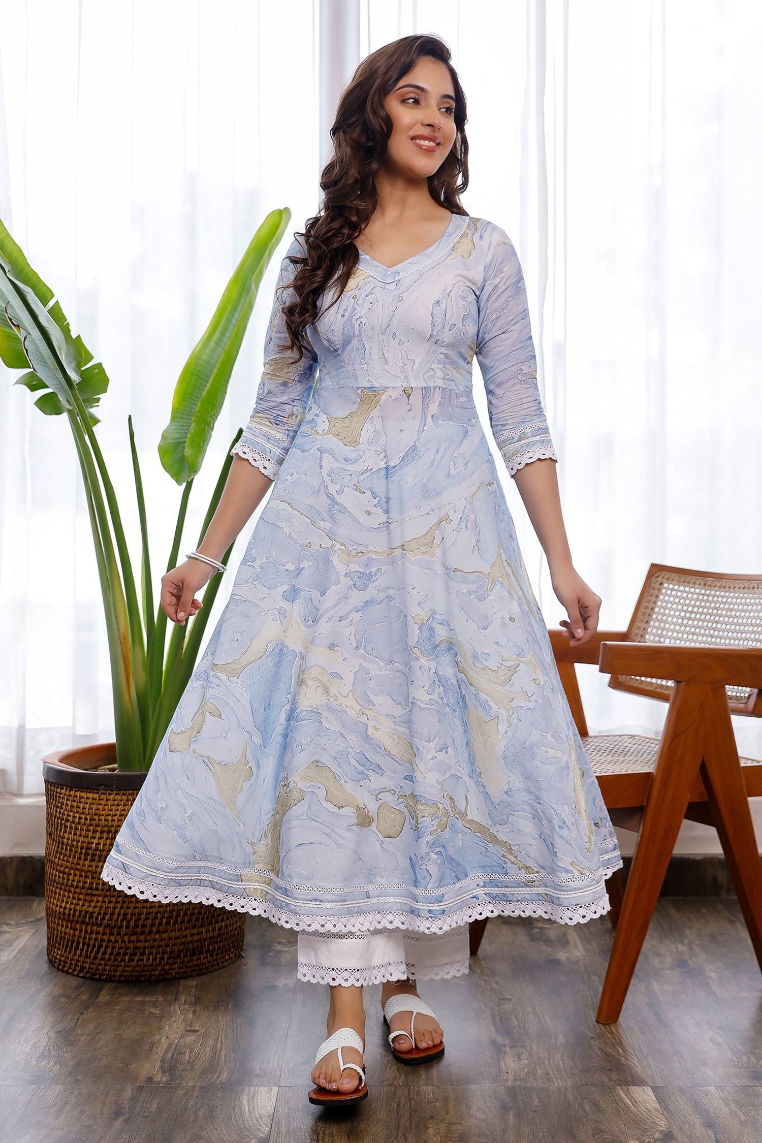 Buy Blue Cotton Plain Round Umbrella Sleeve Anarkali Set For Women by  Pheeta Online at Aza Fashions.