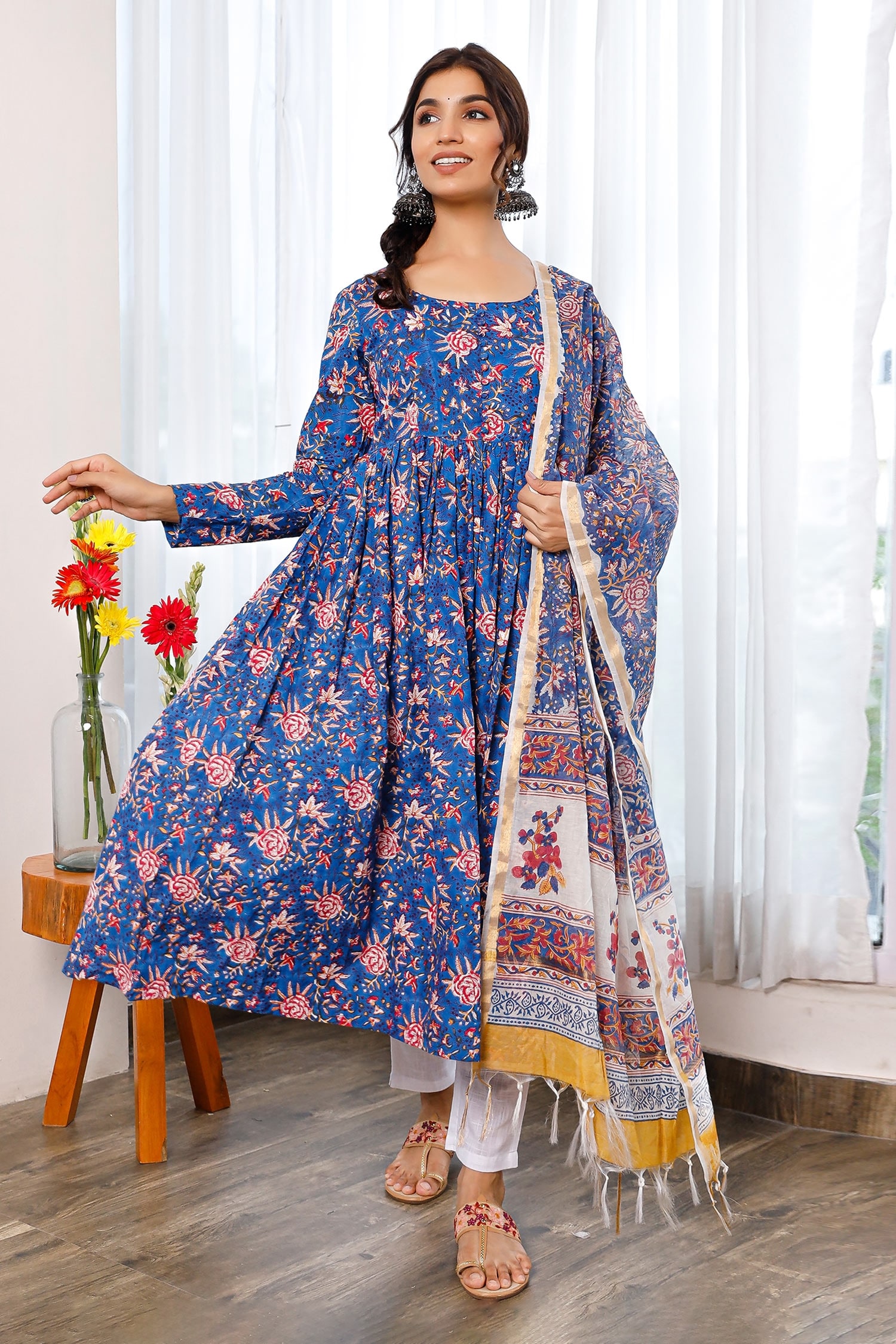 Pheeta - Blue Cotton Plain Round Umbrella Sleeve Anarkali Set For Women