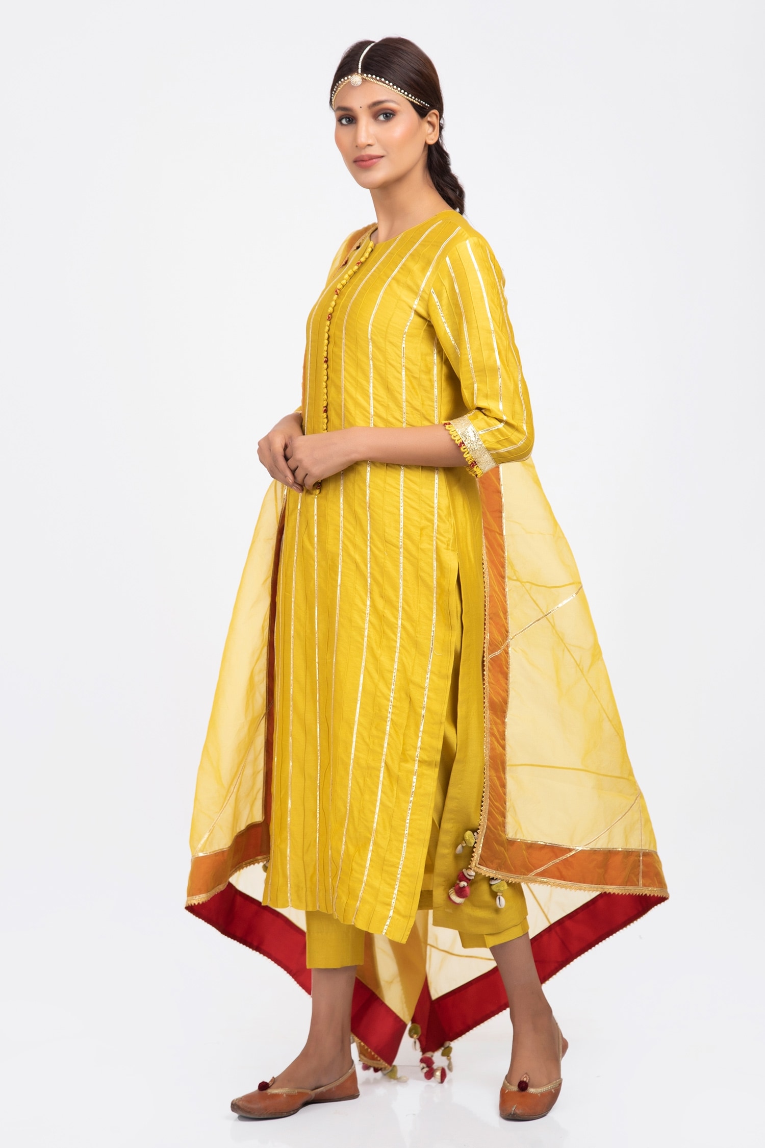 Buy Kalakari by Akanksha Yellow Silk Chanderi Kurta Pant Set Online