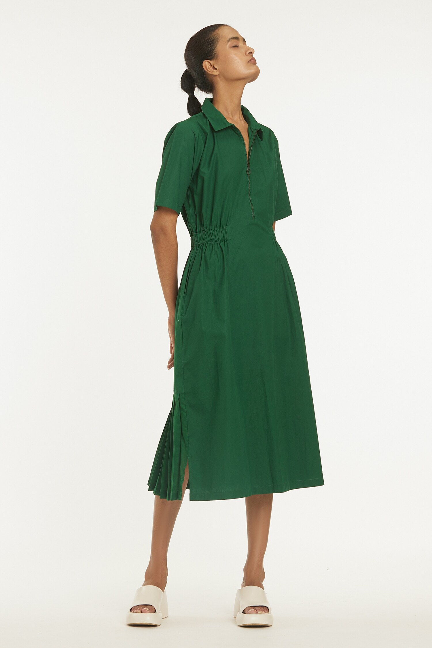 Buy Three Green Cotton Poplin Spread Collar Midi Dress Online | Aza ...