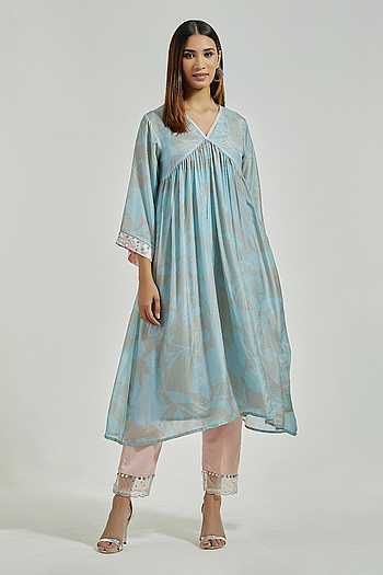 Navy Floral Contrast Pure Bemberg Modal Kurta Set
